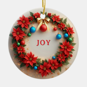 Festive Christmas Wreath with Red Poinsettias Ceramic Ornament