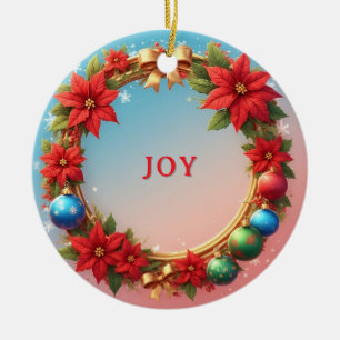 Festive Christmas Wreath with Red Poinsettias Ceramic Ornament