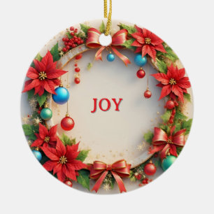 Festive Christmas Wreath with Red Poinsettias Ceramic Ornament