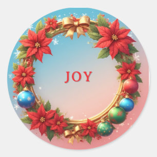 Festive Christmas Wreath with Red Poinsettias Classic Round Sticker