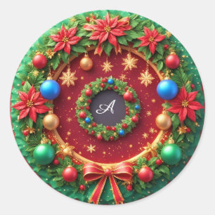 Festive Christmas Wreath with Red Poinsettias Classic Round Sticker