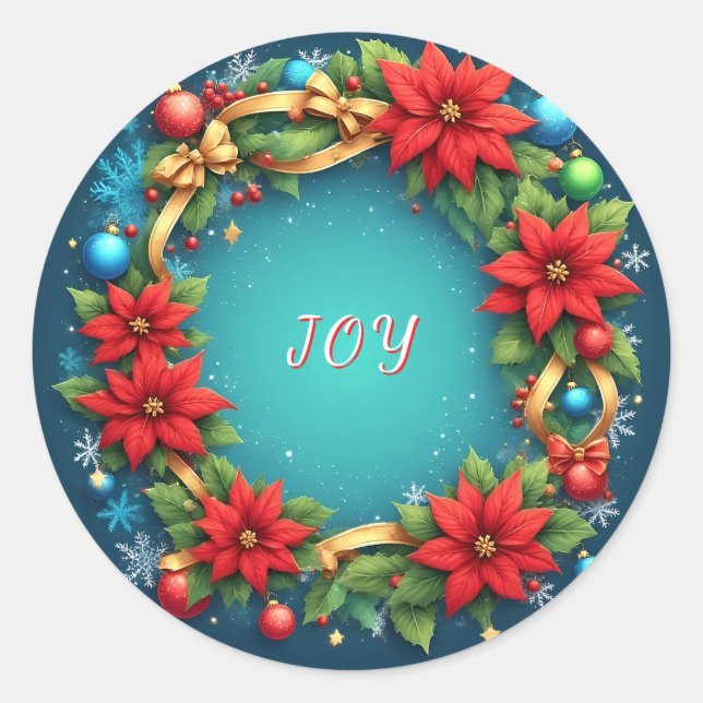 Festive Christmas Wreath with Red Poinsettias Classic Round Sticker (Front)