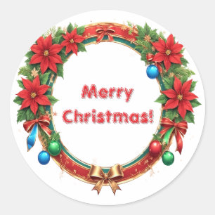 Festive Christmas Wreath With Red Poinsettias Classic Round Sticker