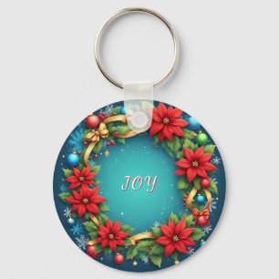Festive Christmas Wreath with Red Poinsettias Key Ring