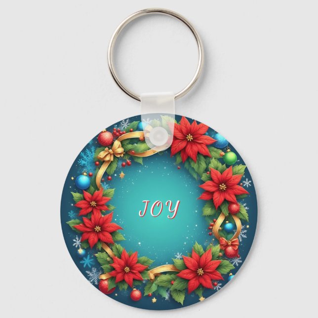 Festive Christmas Wreath with Red Poinsettias Key Ring (Front)