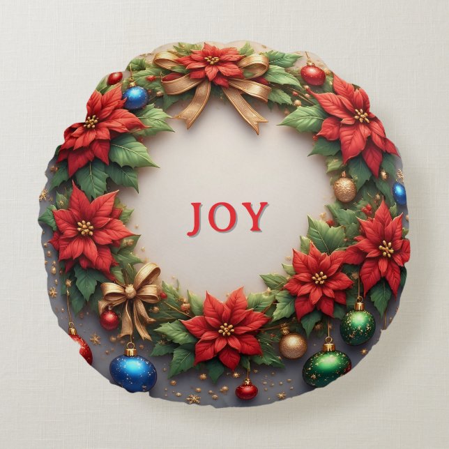 Festive Christmas Wreath with Red Poinsettias Round Cushion (Front)