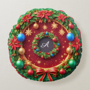 Festive Christmas Wreath with Red Poinsettias Round Cushion