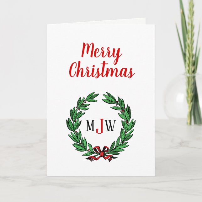 Festive Christmas Xmas Holly Wreath Monogram Holiday Card (Front)