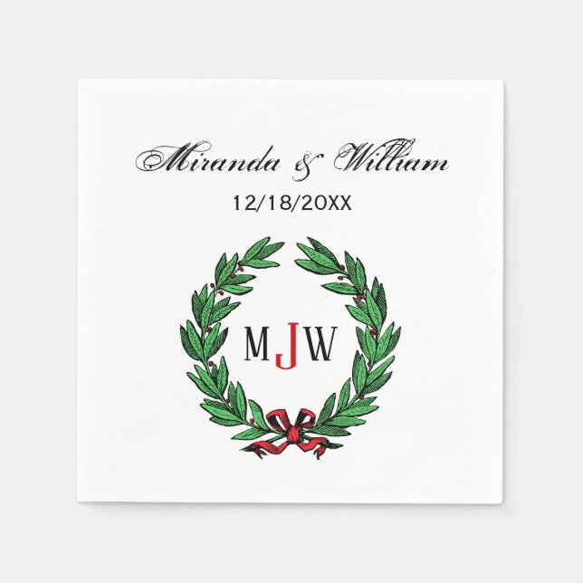 Festive Christmas Xmas Holly Wreath Monogram Napkin (Front)