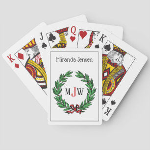 Festive Christmas Xmas Holly Wreath Monogram Playing Cards