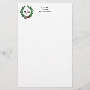 Festive Christmas Xmas Holly Wreath Monogram Stationery