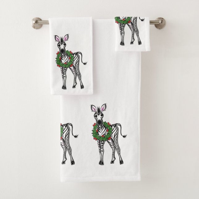 Festive Christmas Zebra, red green Holly wreath  Bath Towel Set (Insitu)