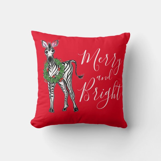 Festive Christmas Zebra, red green Holly wreath  Cushion (Front)