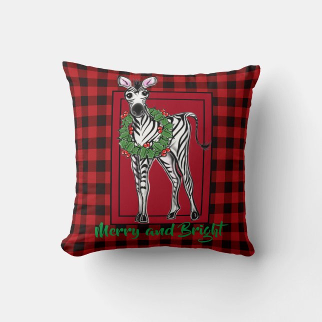 Festive Christmas Zebra, red green Holly wreath  Cushion (Front)