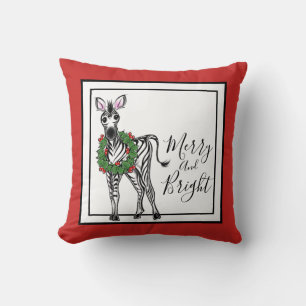 Festive Christmas Zebra, red green Holly wreath  Cushion