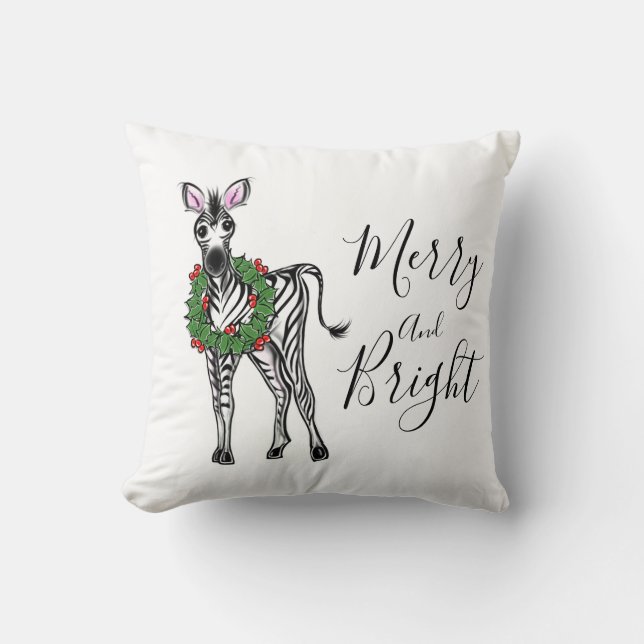 Festive Christmas Zebra, red green Holly wreath  Cushion (Front)
