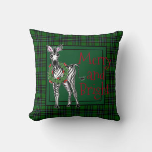 Festive Christmas Zebra, red green Holly wreath  Cushion