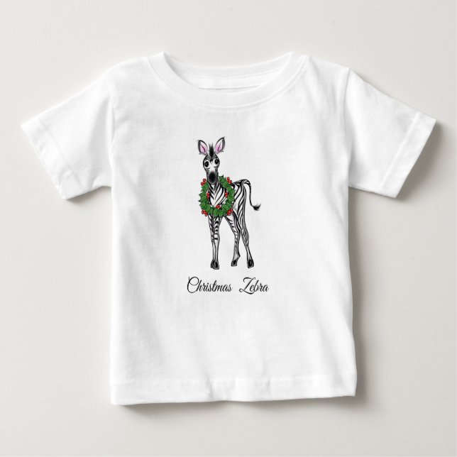 Festive Christmas Zebra, red green wreath Baby T-Shirt (Front)