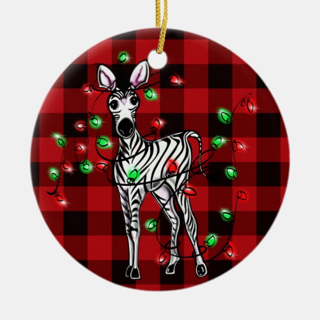 Festive Christmas Zebra, xmas wreath, red plaid Ceramic Ornament (Front)
