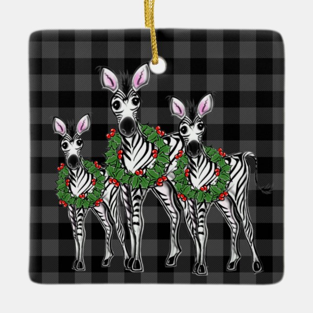 Festive Christmas Zebras, red green wreath Ceramic Ornament (Front)