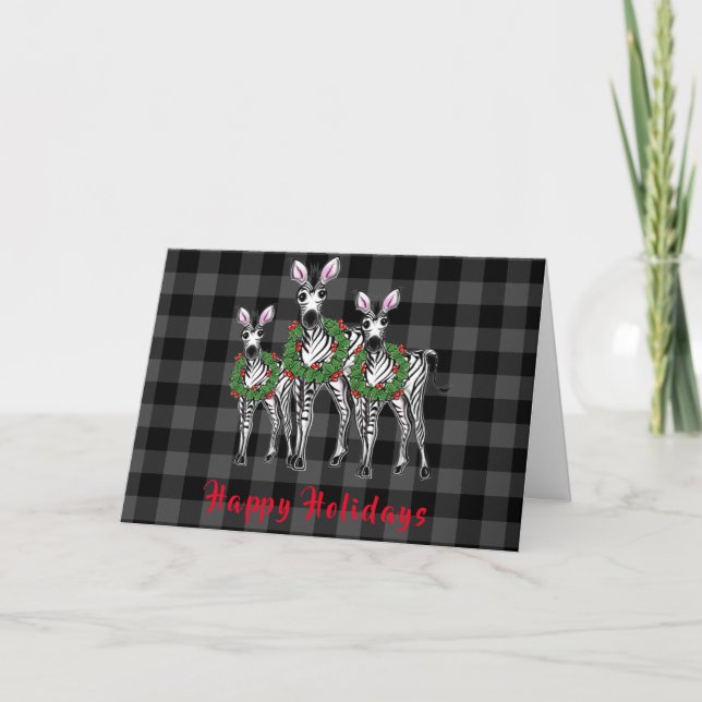 Festive Christmas Zebras, red green wreath Holiday Card (Front)