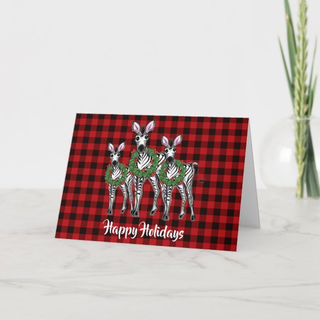 Festive Christmas Zebras, red green wreath Holiday Card (Front)