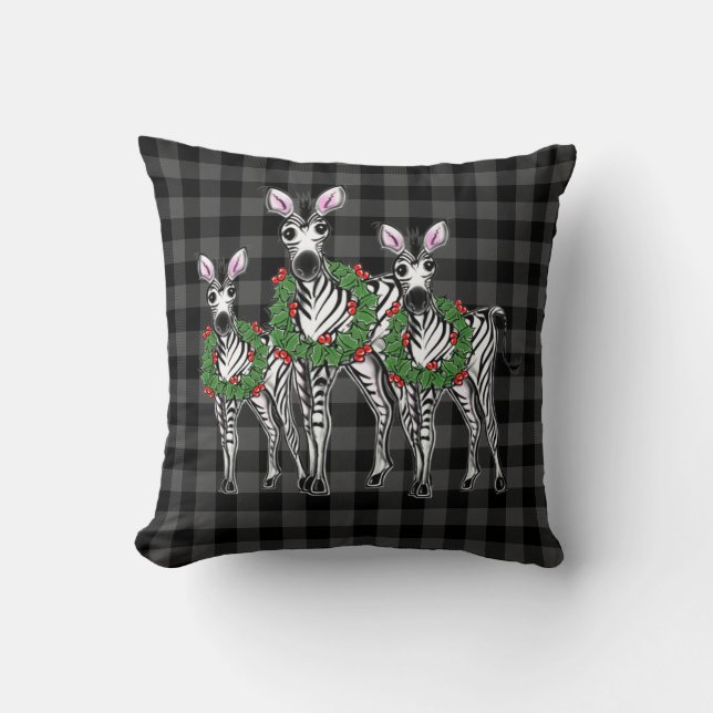 Festive Christmas zebras, xmas wreath, gray plaid Cushion (Front)
