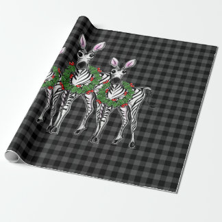 Festive Christmas zebras, xmas wreath, gray plaid Wrapping Paper