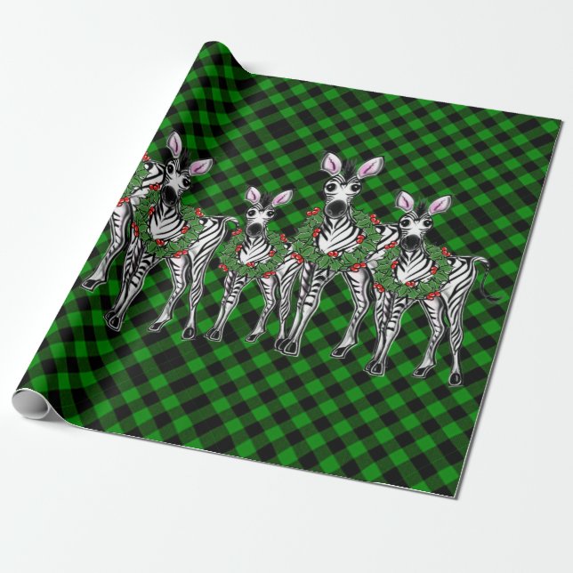 Festive Christmas Zebras, xmas wreath, green plaid Wrapping Paper (Unrolled)