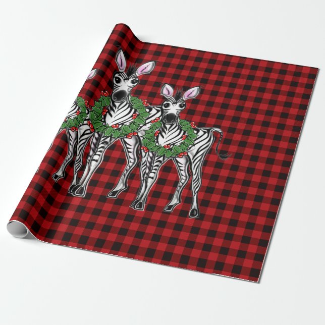 Festive Christmas Zebras, xmas wreath, red plaid Wrapping Paper (Unrolled)