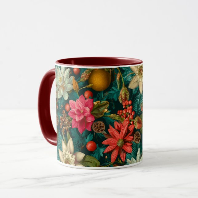 Festive Citrus & Winter Floral Christmas Pattern Mug (Front Left)