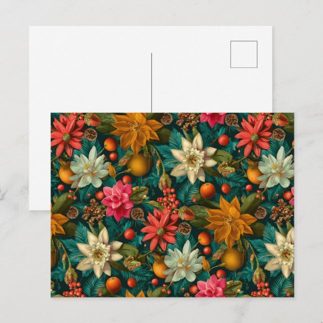 Festive Citrus & Winter Floral Christmas Pattern Postcard (Front/Back)