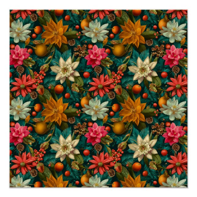 Festive Citrus & Winter Floral Christmas Pattern Poster (Front)
