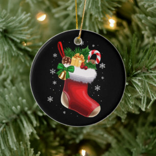 Festive Classic Christmas Stocking with Gifts Ceramic Ornament