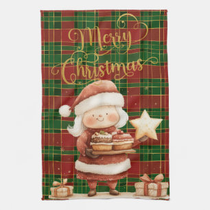 Festive Classic Red Green Gold Tartan Mrs Claus Tea Towel