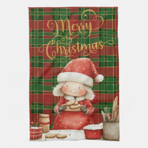 Festive Classic Red Green Gold Tartan Mrs Claus  Tea Towel