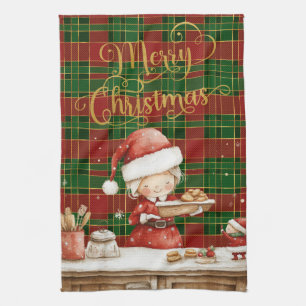 Festive Classic Red Green Gold Tartan Mrs Claus Tea Towel
