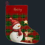 Festive Classic Red Green Gold Tartan Snowman Large Christmas Stocking<br><div class="desc">Classic red,  green,  gold tartan personalised Christmas Stocking with a snowman and reindeer design.  (c) The Happy Cat Studio</div>
