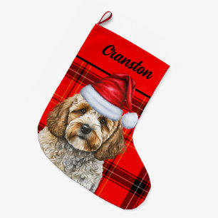 Festive Cockapoo and Red Plaid with Dog's Name Large Christmas Stocking