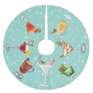 Festive Cocktail Drinks Christmas Watercolor Brushed Polyester Tree Skirt