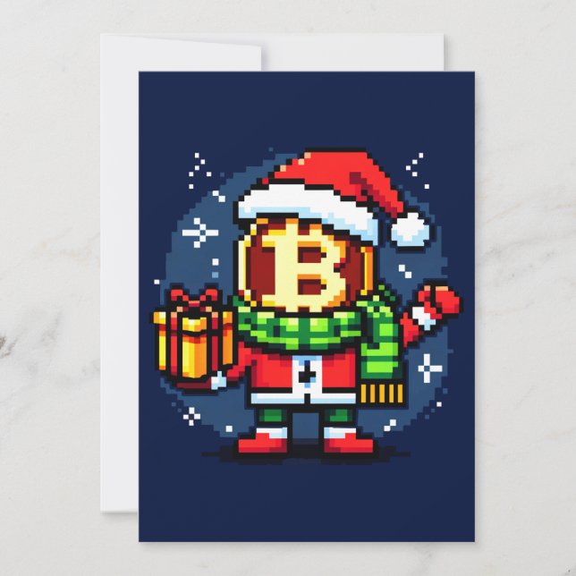Festive Coin Man Funny Pixel Art Christmas Design Holiday Card (Front)