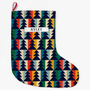 Festive Colorful Christmas Trees Pattern Monogram Large Christmas Stocking