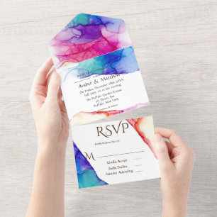 Festive Colourful Alcohol Ink Wedding  All In One Invitation