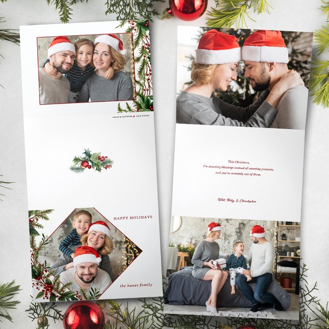 Festive Colourful Christmas Floral Photo Tri-Fold Holiday Card (Creator Uploaded)