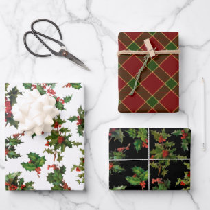 Festive Colourful Christmas Holly and Plaid Wrapping Paper Sheet