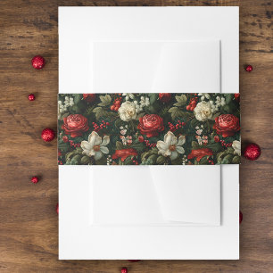Festive Colourful Christmas Roses, Pine and Holly Invitation Belly Band