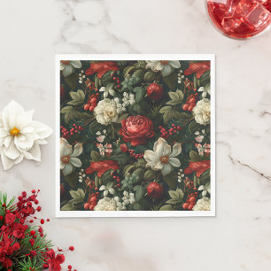 Festive Colourful Christmas Roses, Pine and Holly Napkin