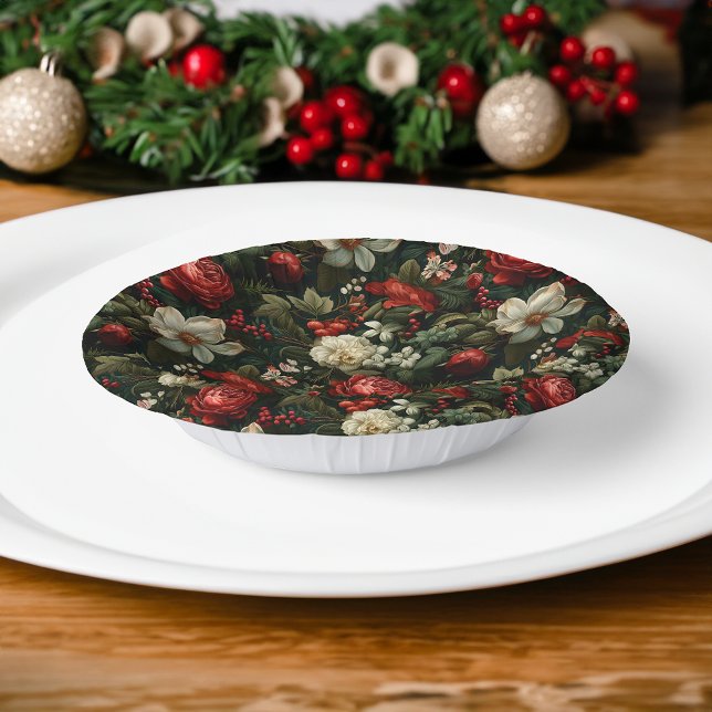 Festive Colourful Christmas Roses, Pine and Holly Paper Plate (Creator Uploaded)