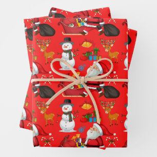 Festive Colourful Christmas Santa, Snowman, Gifts Wrapping Paper Sheet