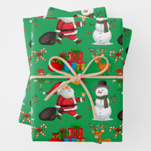 Festive Colourful Christmas Santa, Snowman, Presen Wrapping Paper Sheet